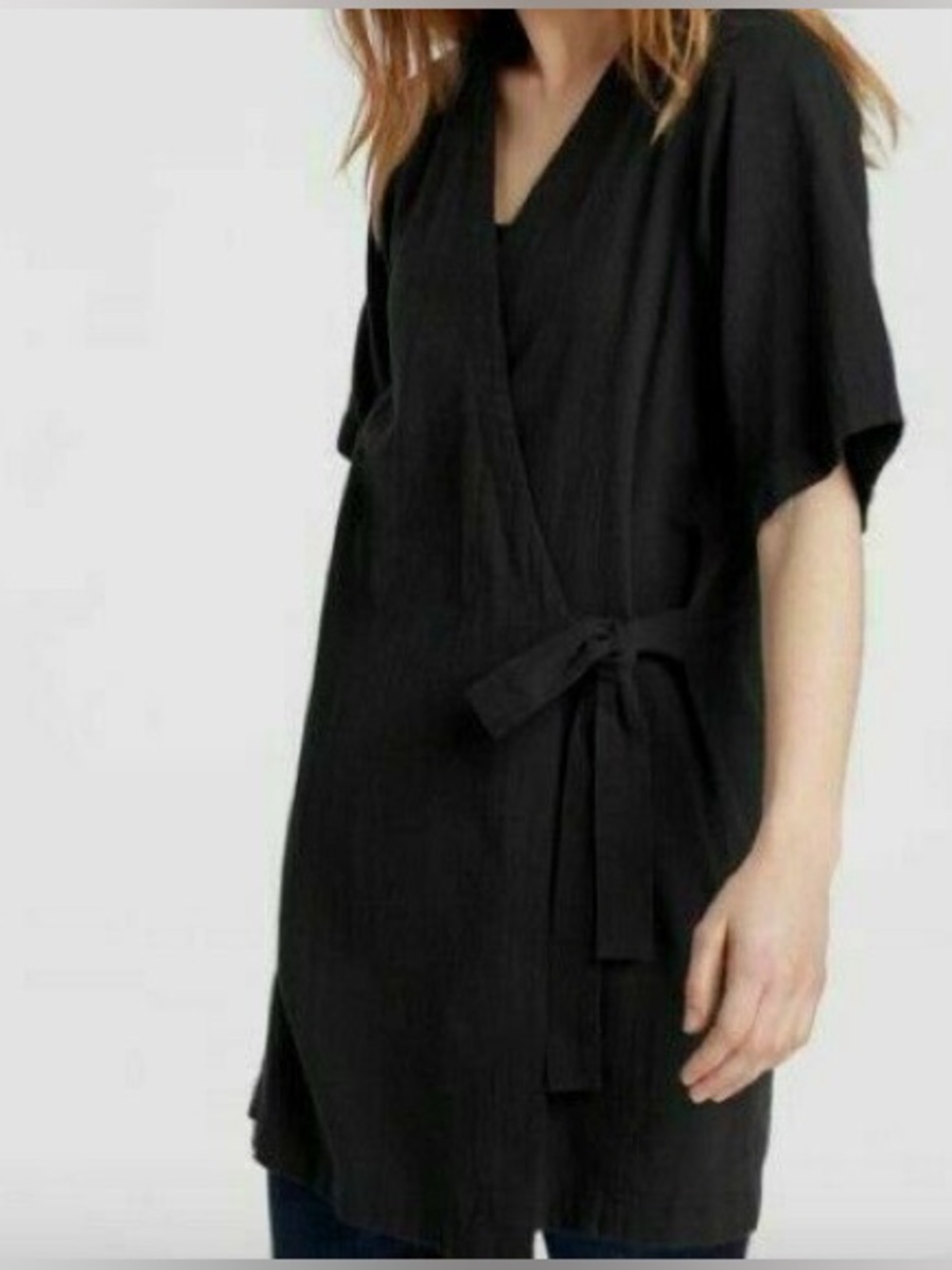 Eileen Fisher Organic Cotton Linen Black Kimono Wrap Tunic Dress Minimalist M